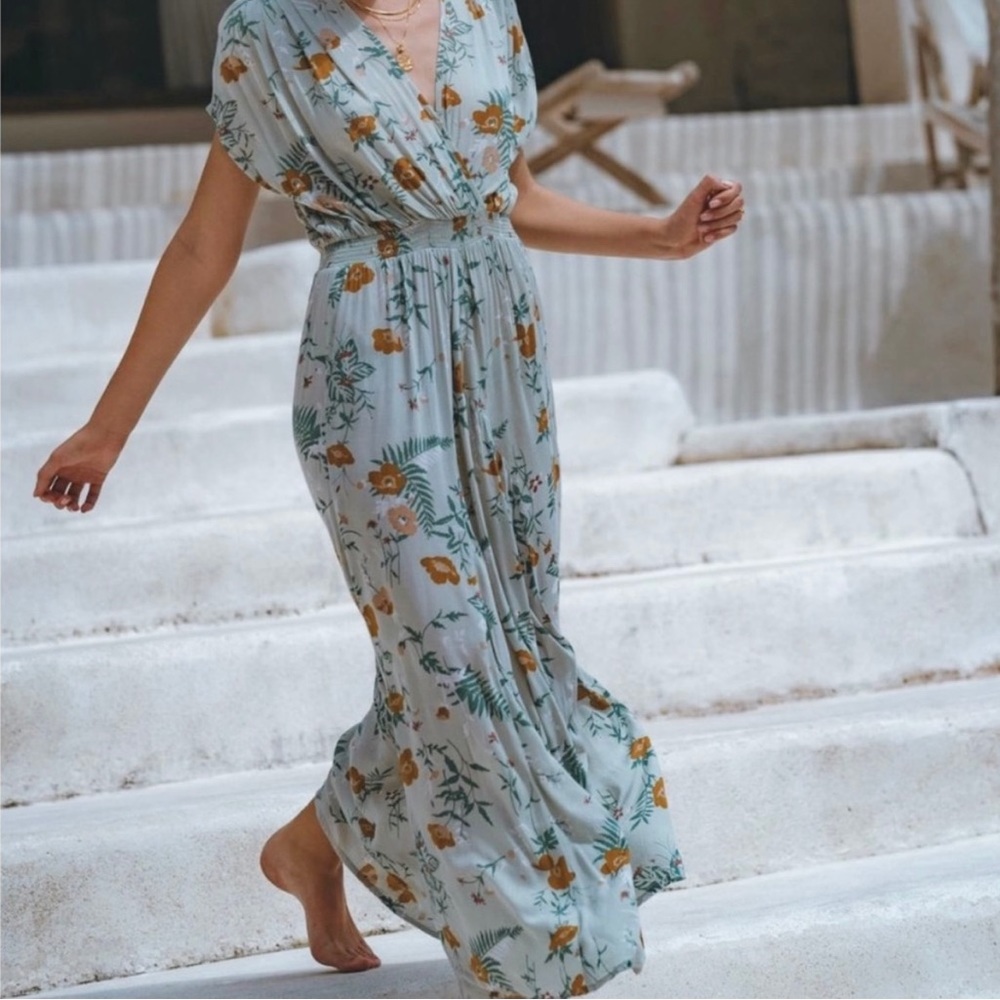 Aura The Label Bianca Green Floral Rayon Maxi Dress